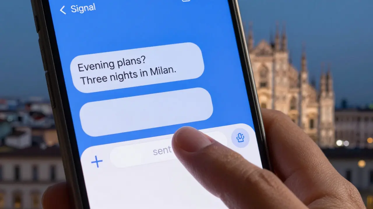 An encrypted messaging app on a smartphone shows vague text about evening plans in Milan.