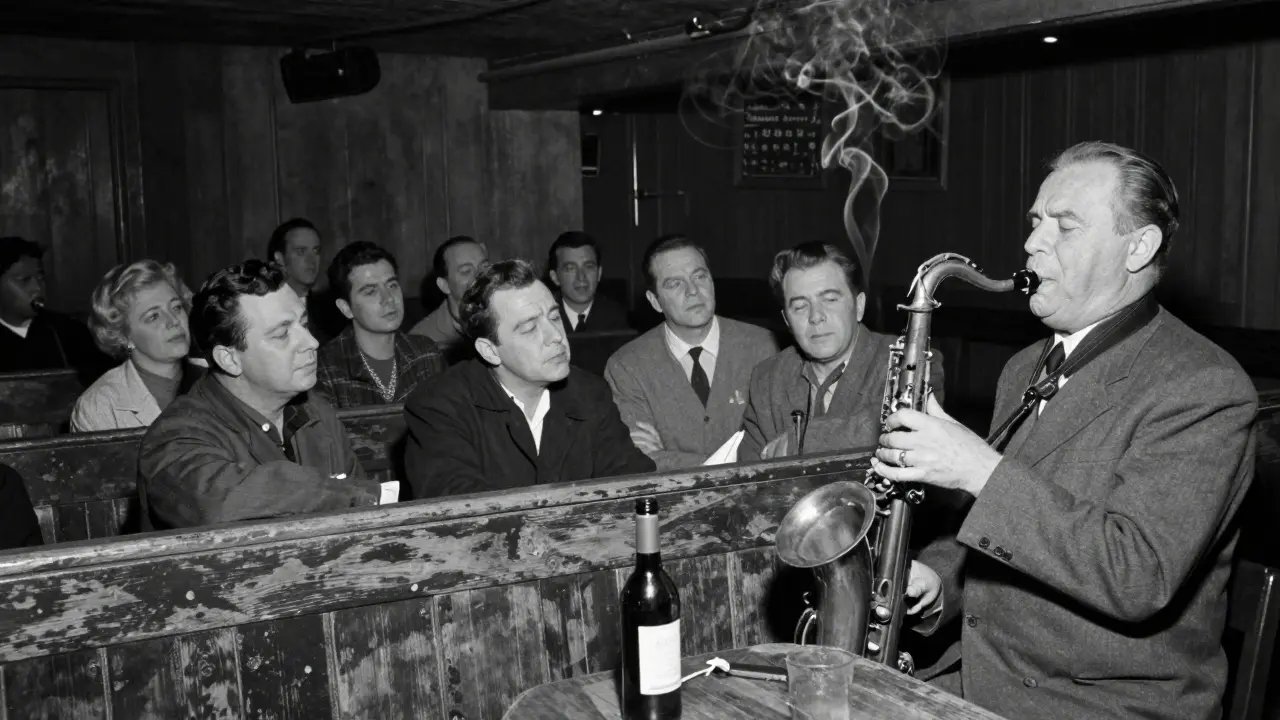 An intimate jazz club basement with a saxophonist playing to a silent, attentive crowd.
