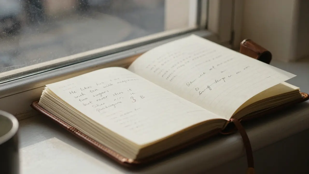 An open notebook with handwritten notes about clients rests on a windowsill, morning light softly falling.