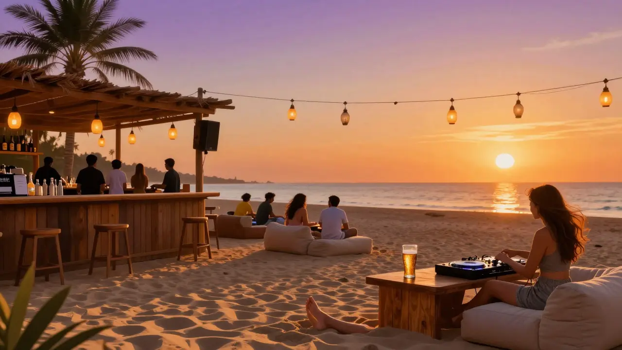 Beach bar at Al Raha with guests lounging as the sun sets, DJ playing music under lanterns.