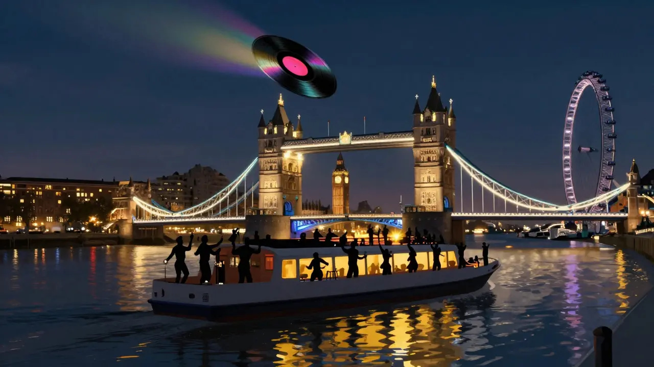 Boat floating on the Thames at midnight with city lights reflecting on the water and silhouettes of dancers.