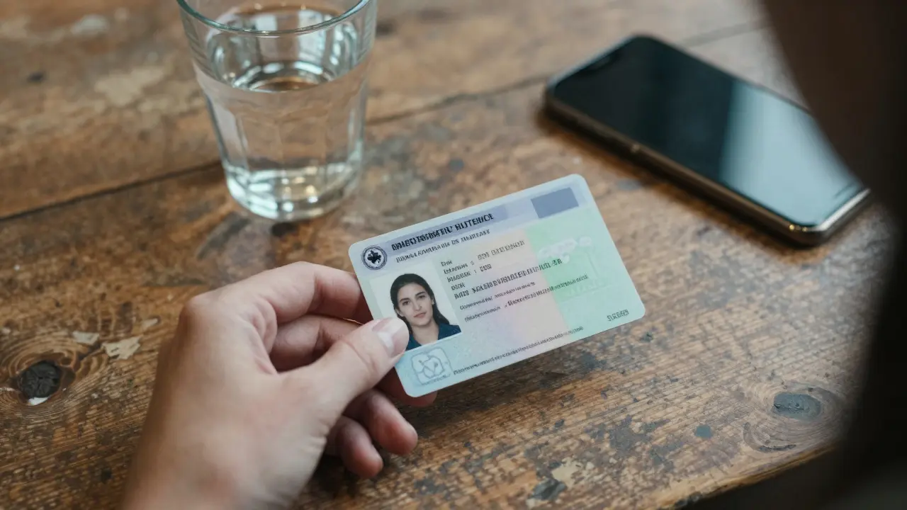 Close-up of a German escort registration card on a wooden table with a phone.