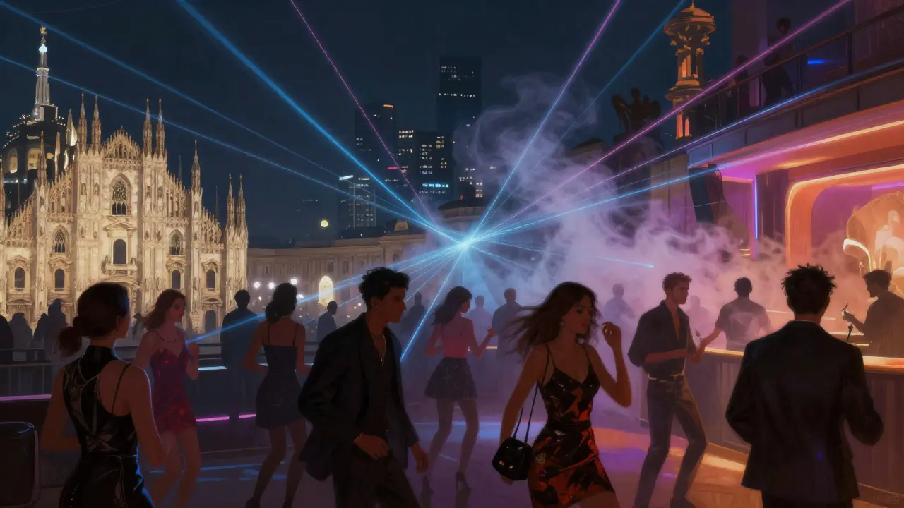 Corso Como nightclub with glowing lights, dancing crowd, and Milan skyline view from terrace.