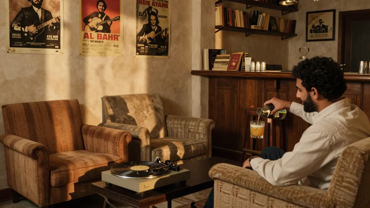 Cozy 1970s villa bar with vinyl records, mismatched chairs, and a bartender pouring a mezcal sour in soft warm light.