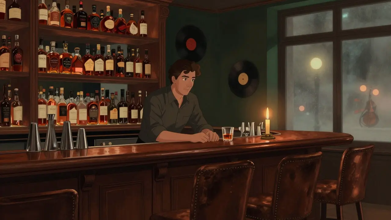 Cozy Brera bar interior with shelves of whiskey, a bartender serving a single malt by candlelight.