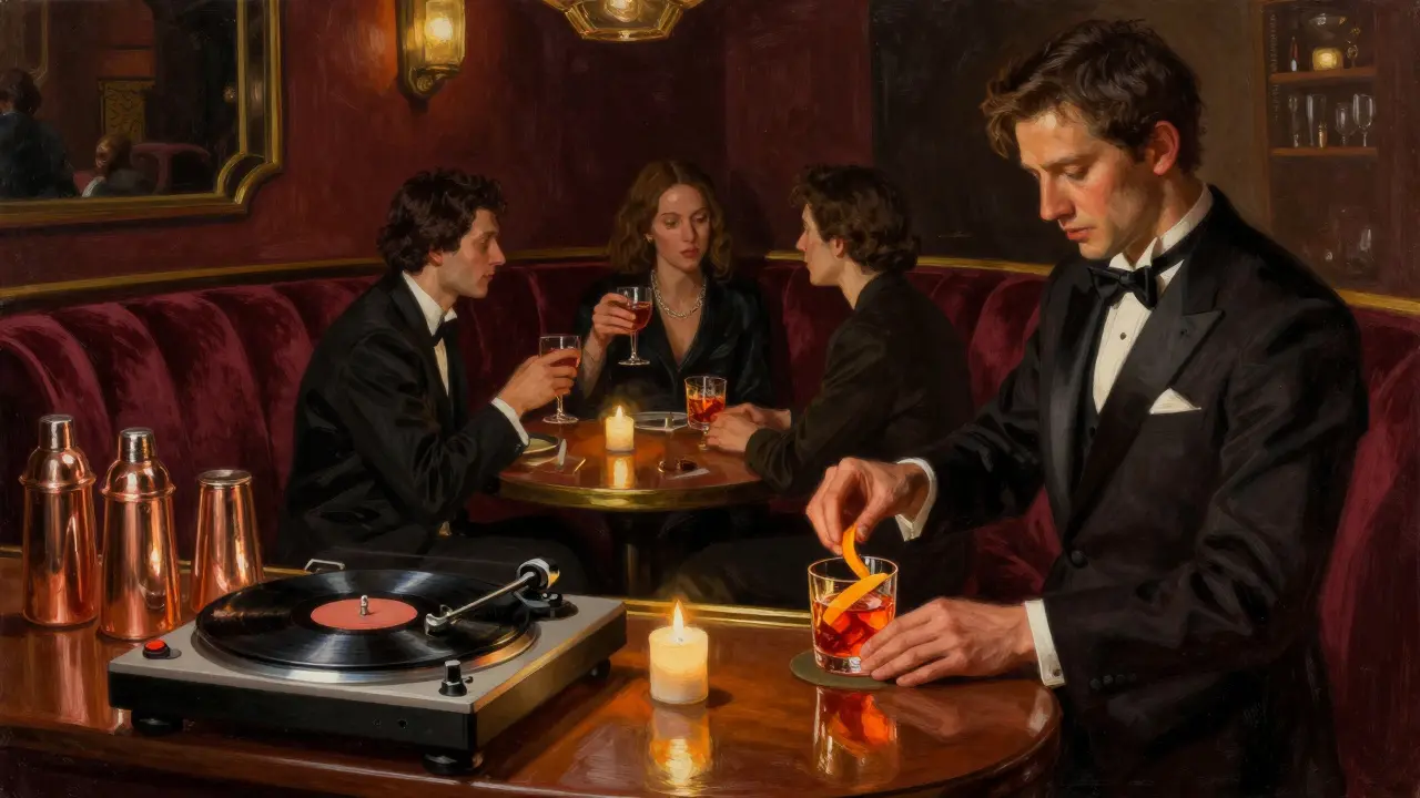 Cozy Brera bar with bartender making a Negroni, jazz records and velvet sofas in soft candlelight.