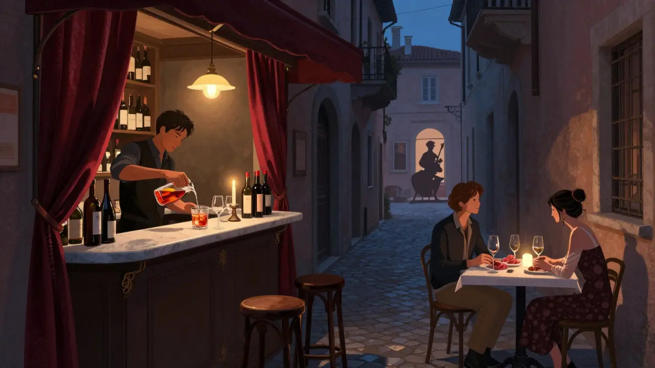 Cozy Brera wine bar with candlelight, marble counter, and couple sipping Negroni Sbagliato.