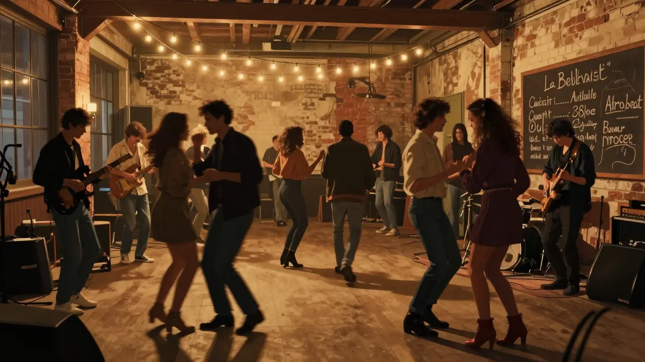 Crowd dancing at La Bellevilloise under string lights, live band playing in the background.