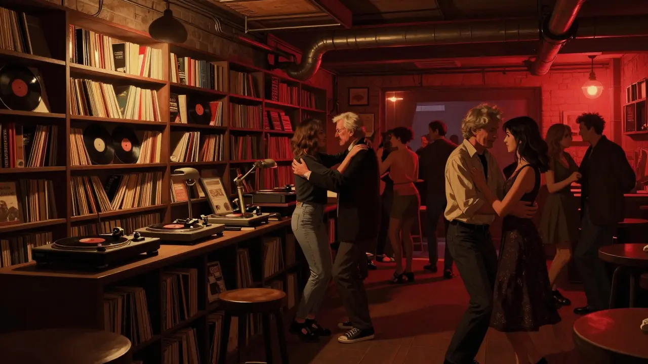Crowd dancing in a dimly lit underground club surrounded by bookshelves and vinyl records.