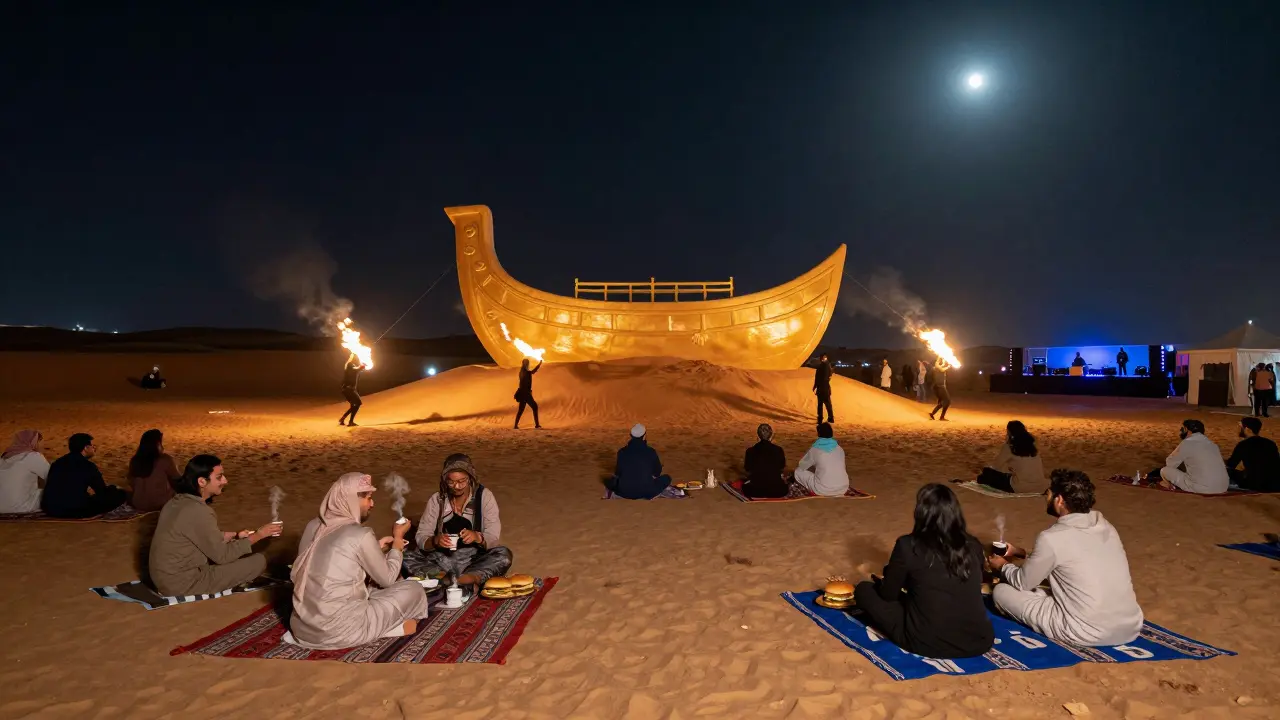 Desert Beats Festival at night with golden dhow sculpture, fire dancers, and crowd on sand under stars.