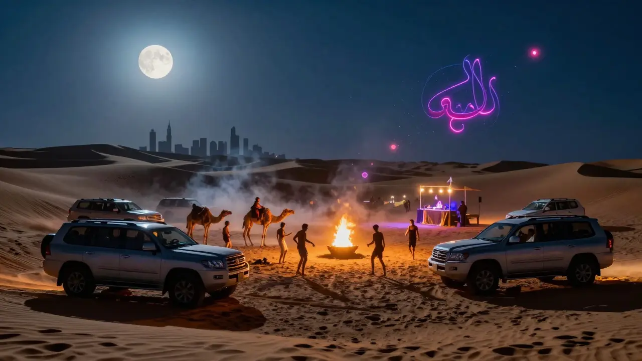 Desert rave at night with fire pits, camels, and neon lights over golden dunes.