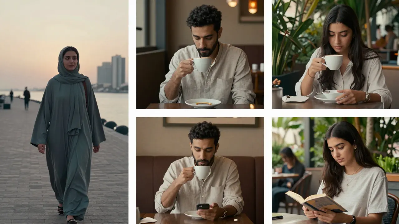 Diverse individuals in Abu Dhabi enjoying quiet moments of companionship in public spaces.