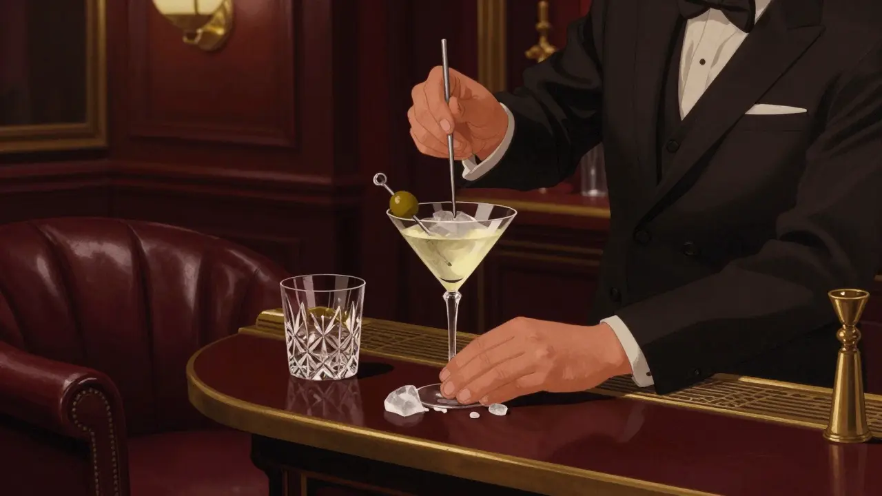 Elegant bar with a bartender stirring a martini in soft golden light, crystal glasses and leather chairs.