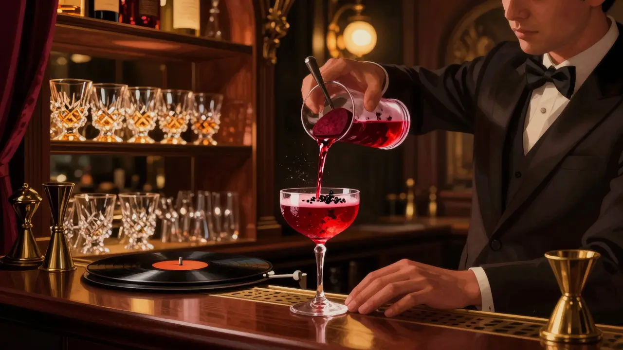 Elegant bar with a mixologist pouring a rich red cocktail in a dim, jazz-filled room.