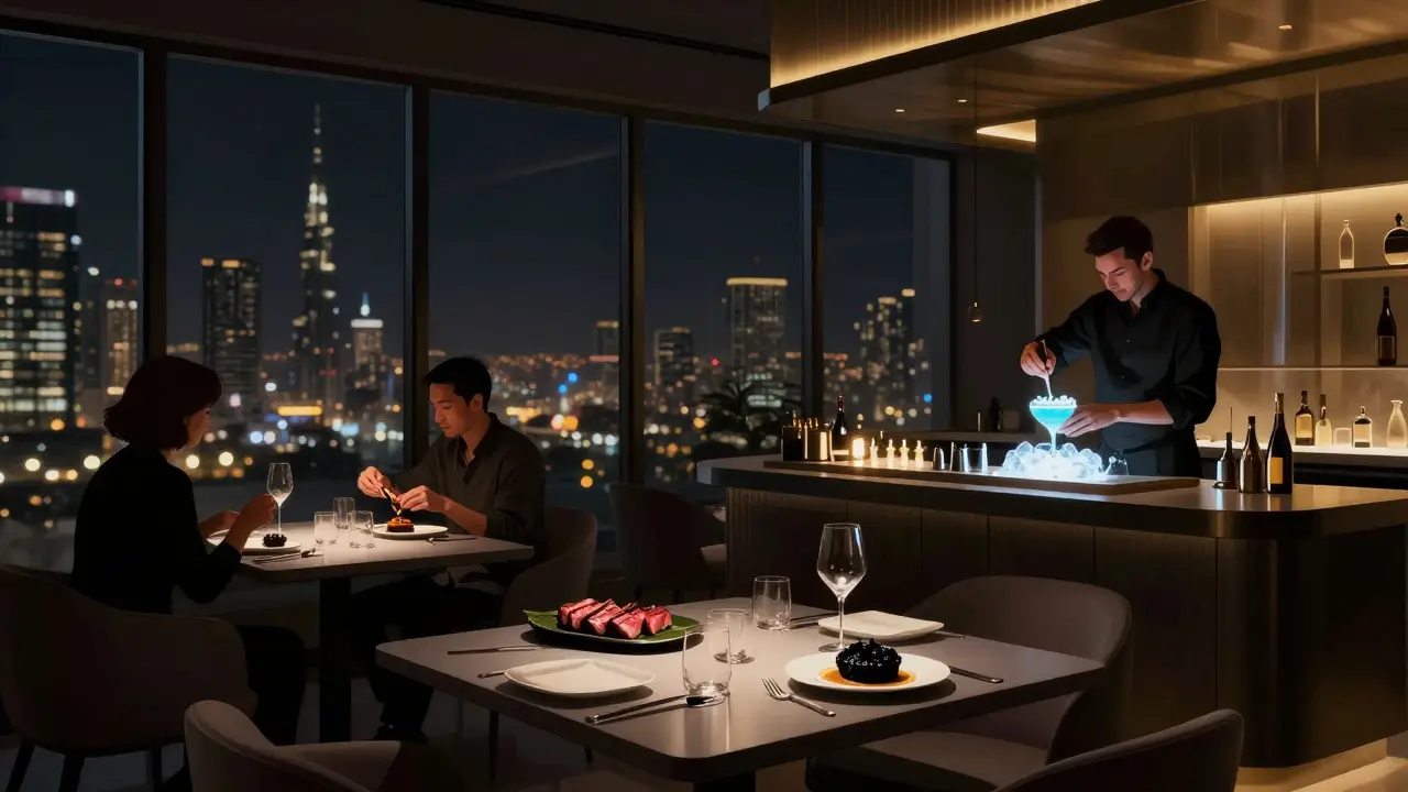 Elegant diners enjoying premium Japanese cuisine at Zuma restaurant with city lights behind them.