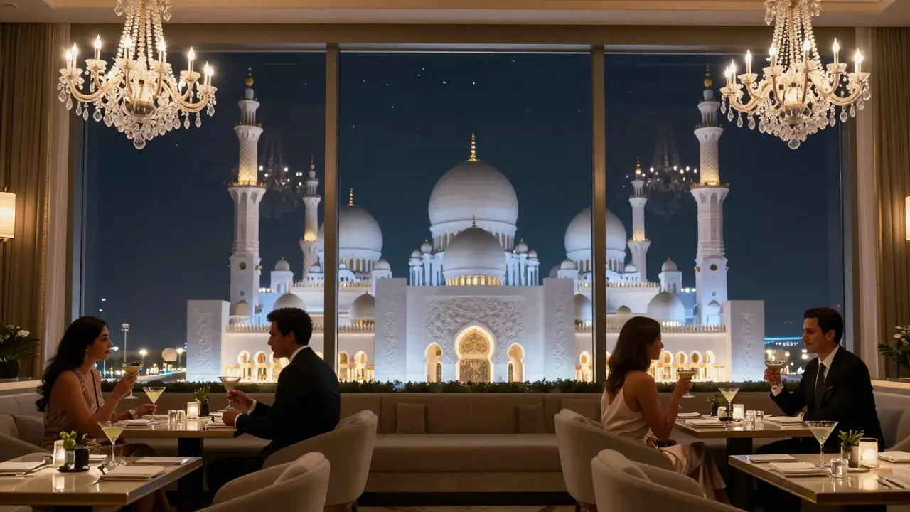 Elegant rooftop lounge with views of the Grand Mosque at night, guests sipping martinis in quiet luxury.