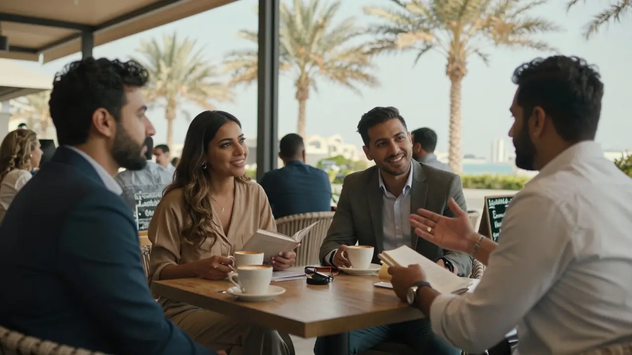 Expats socializing in a quiet Abu Dhabi café, engaging in a language exchange event during daylight.