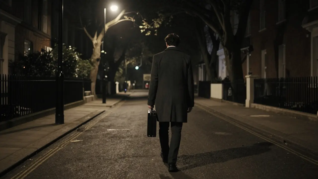 Figure walking away at night in Kensington, coat and briefcase, soft streetlamp glow.