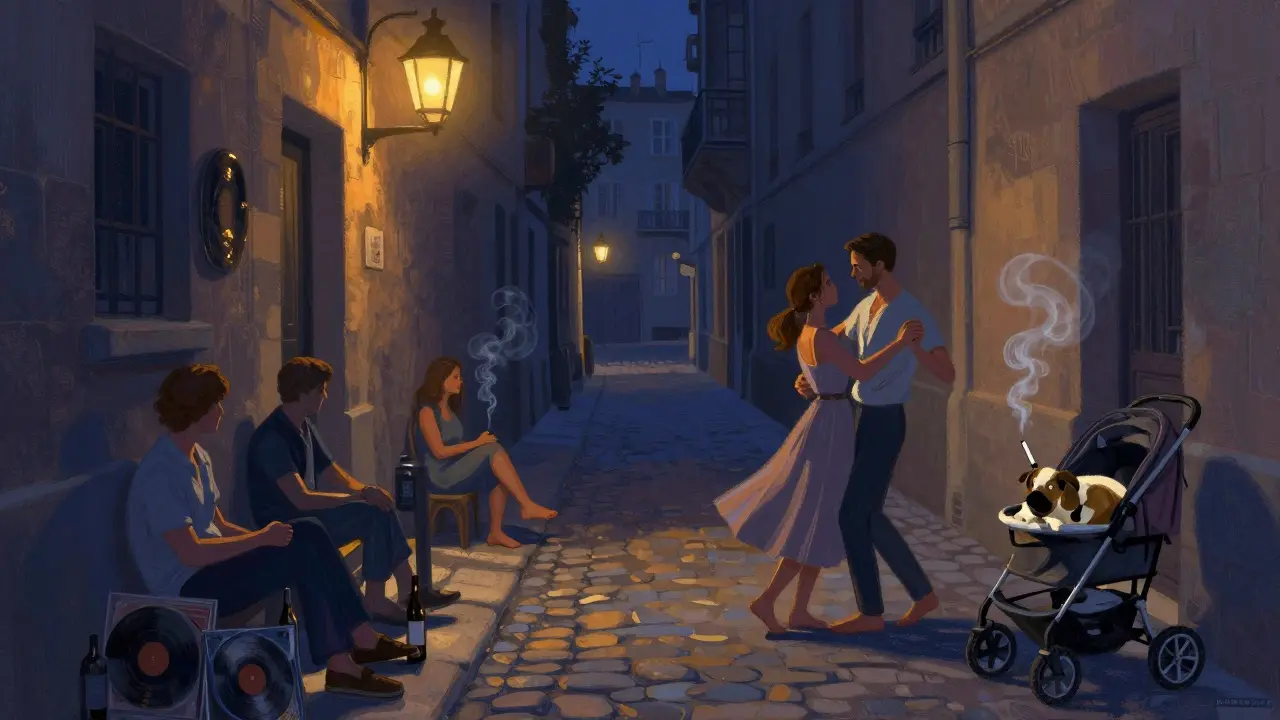 Friends gathered in a dim alley behind Canal Saint-Martin, sharing wine and music on a Sunday night.