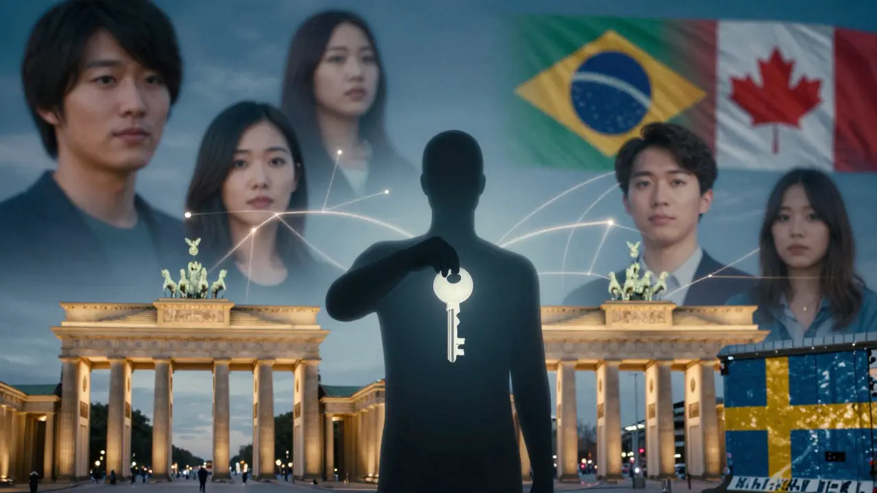 Global travelers connected by subtle paths to an anonymous figure in Berlin, symbolizing companionship.