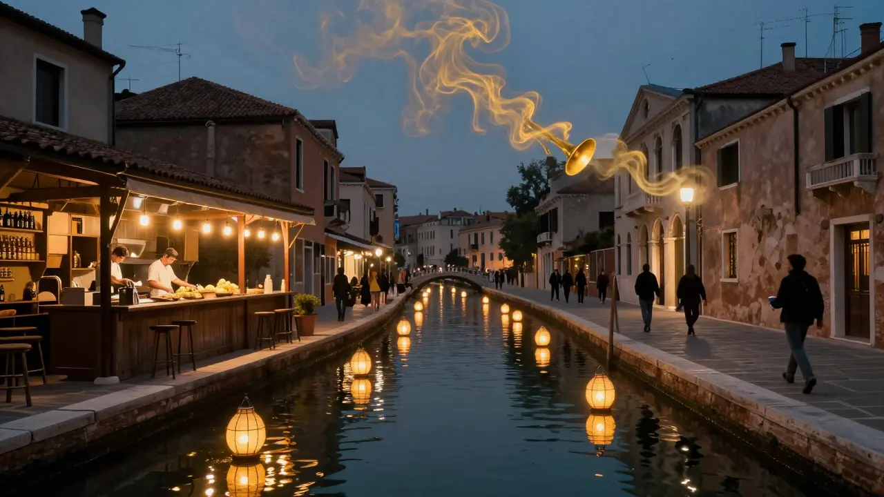 Glowing canals at night with floating lights, food stalls, and jazz smoke rising into the sky.