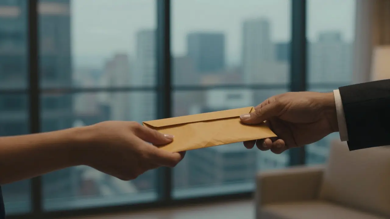 Hands exchanging cash in a private flat, no faces visible, city skyline in background.