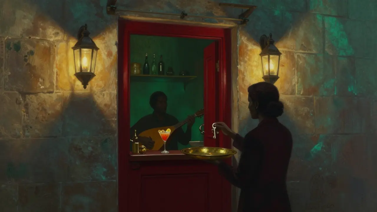 Hidden bar in Dubai with a red door and lantern-lit alley, offering intimate cultural vibes.