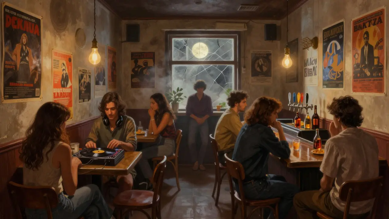 Hidden basement bar with vinyl DJ, smoky atmosphere, and mismatched chairs under a single bulb.