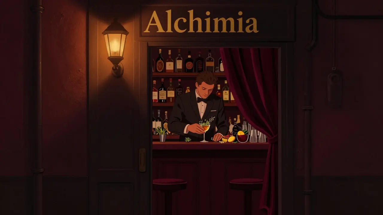 Hidden speakeasy bar Alchimia with bartender mixing craft cocktails in dim, moody lighting.