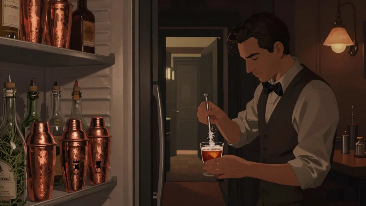 Hidden speakeasy bar with a mixologist crafting a cocktail using Italian herbs in a dimly lit room.
