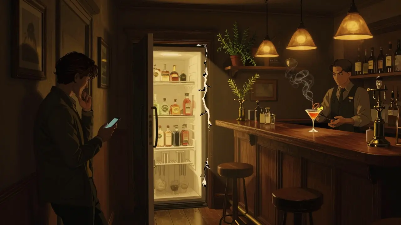 Hidden speakeasy behind a fridge door, dimly lit interior with herbs and craft cocktails, one guest entering cautiously.