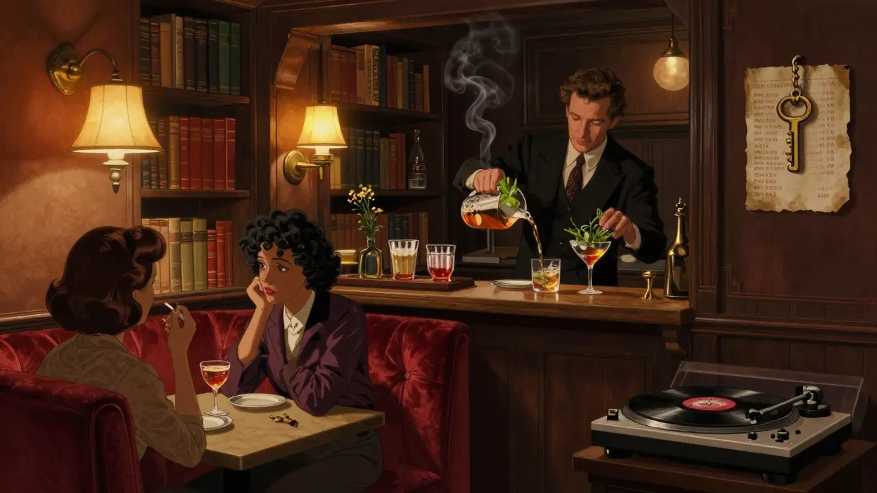 Hidden speakeasy Le Secret with warm lighting, vinyl records, and patrons enjoying handmade cocktails.