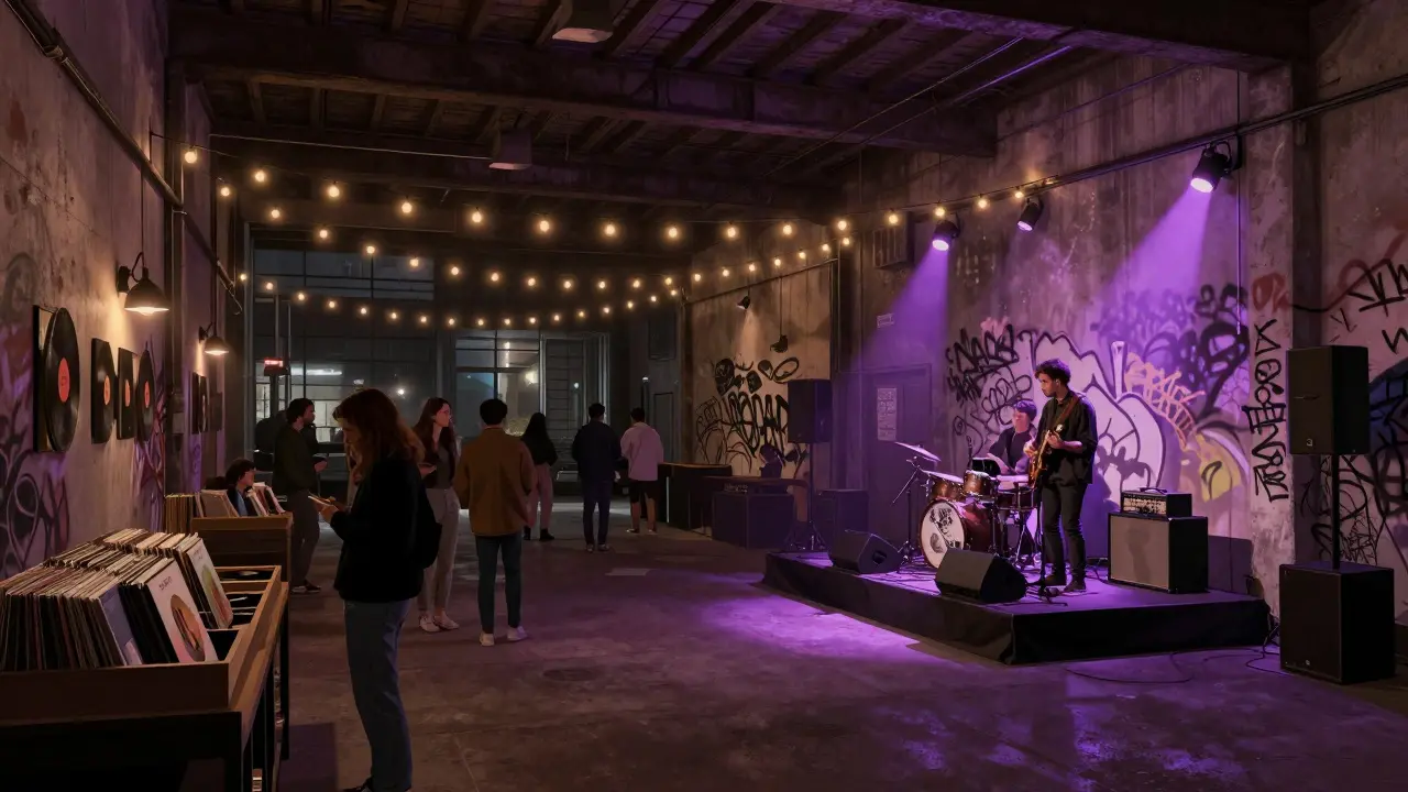 Indie music venue in Alserkal Avenue with locals enjoying live bands and vinyl records.