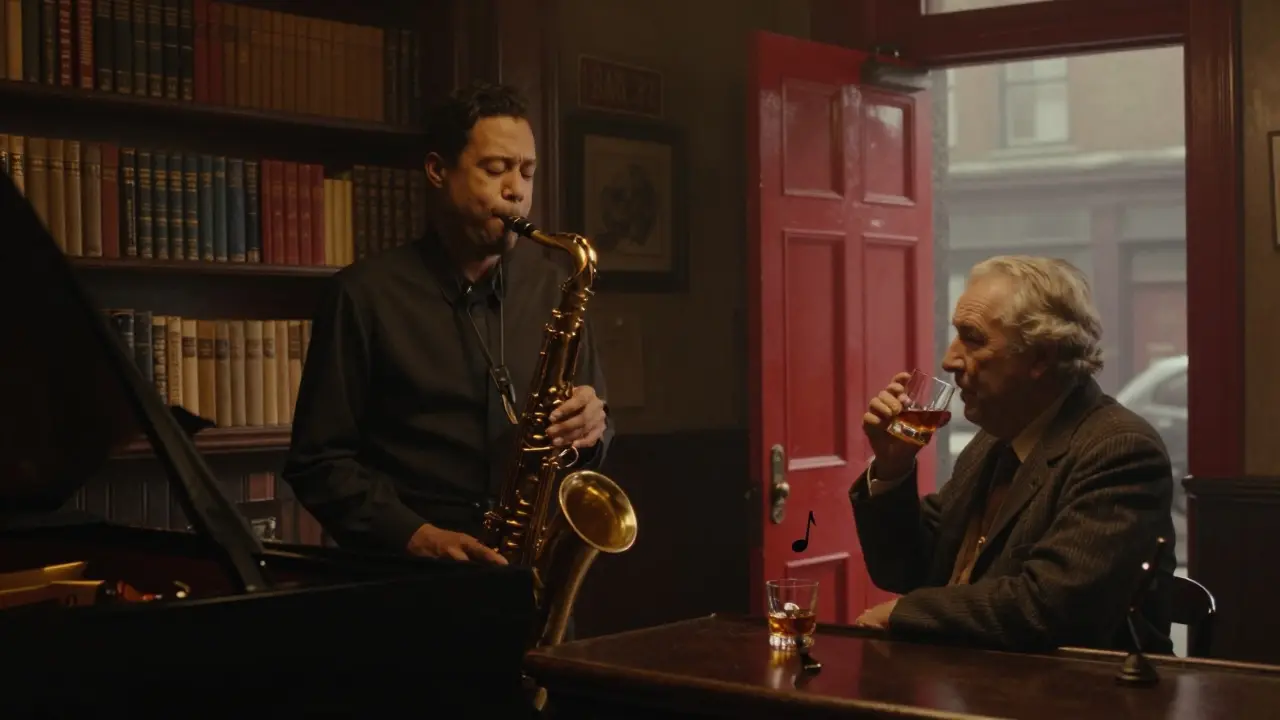 Jazz bar interior with a saxophonist playing at a piano, an elderly patron at the bar, and soft amber lighting in Soho.