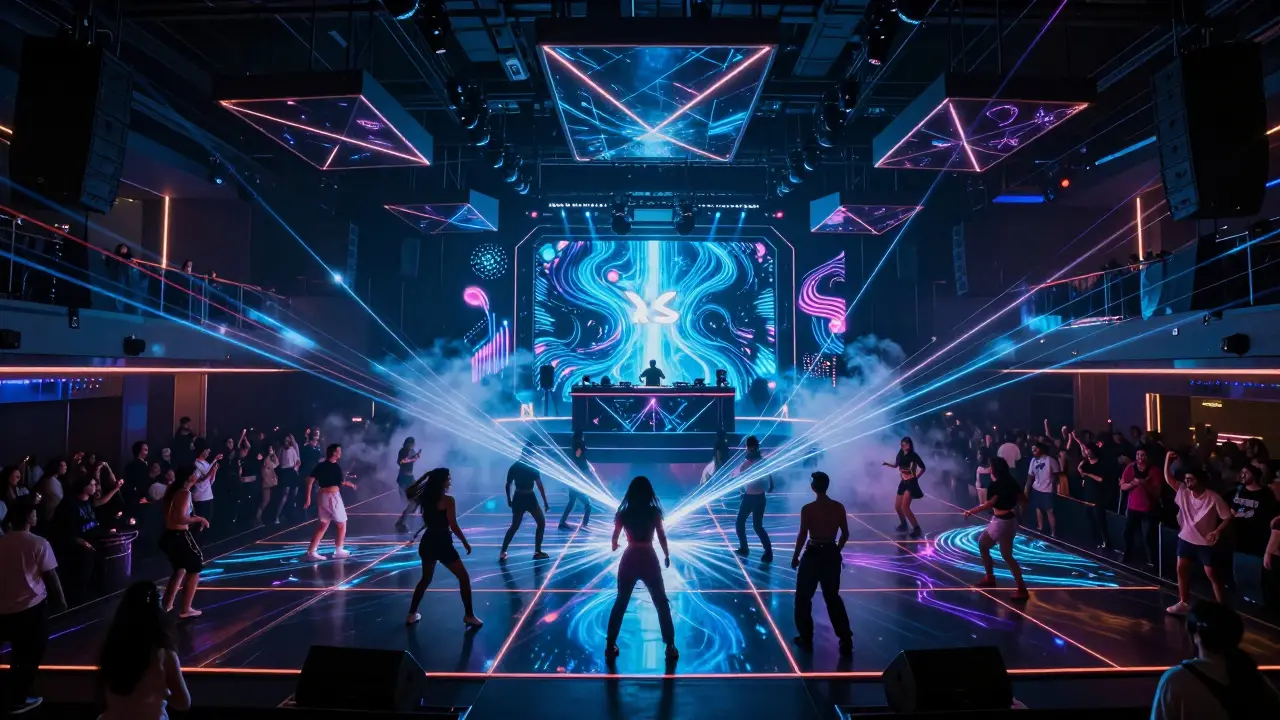 Massive club dance floor with laser lights and pulsing crowds under glowing DJ booth.