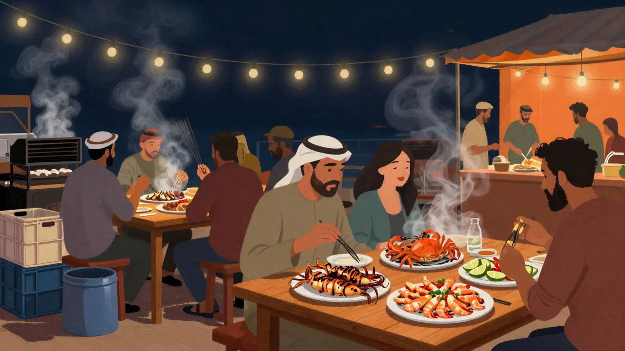 Midnight food market with grills, locals eating seafood, and warm glowing lights over wooden tables.