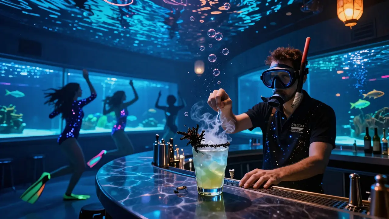 Patrons in sequined wetsuits dance in a glowing underwater bar with rippling ceiling lights.