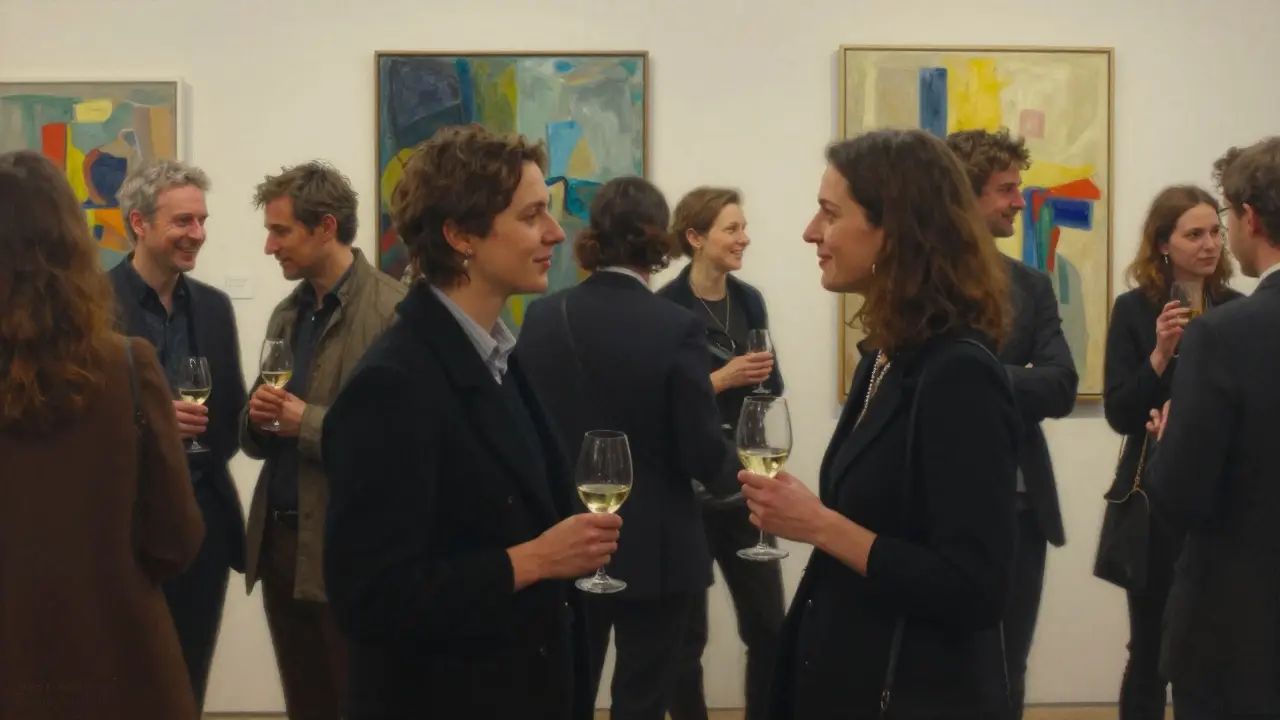 People mingling at an art opening in Mitte, Berlin, with subtle social connections.