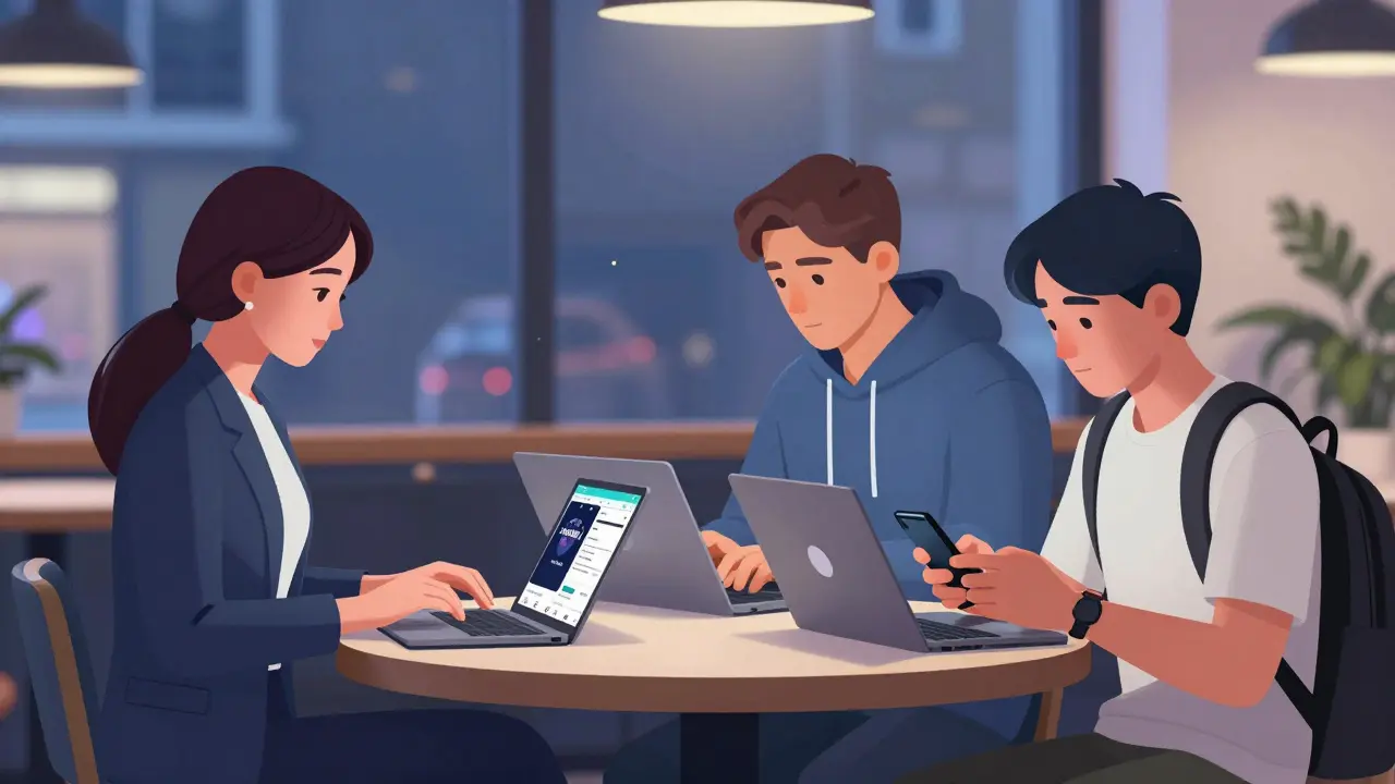 Professionals in a London café using devices to access discreet companion service platforms.