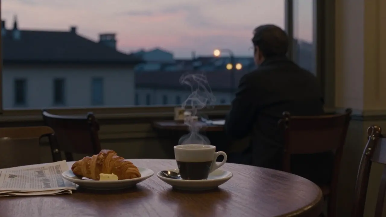 Quiet 4 a.m. coffee at Caffè Trattoria as dawn breaks, lone patron at a wooden table.