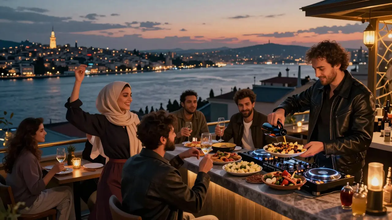 Rooftop bar scene at dusk with Golden Horn view, diverse guests dancing and sharing food under warm lighting.