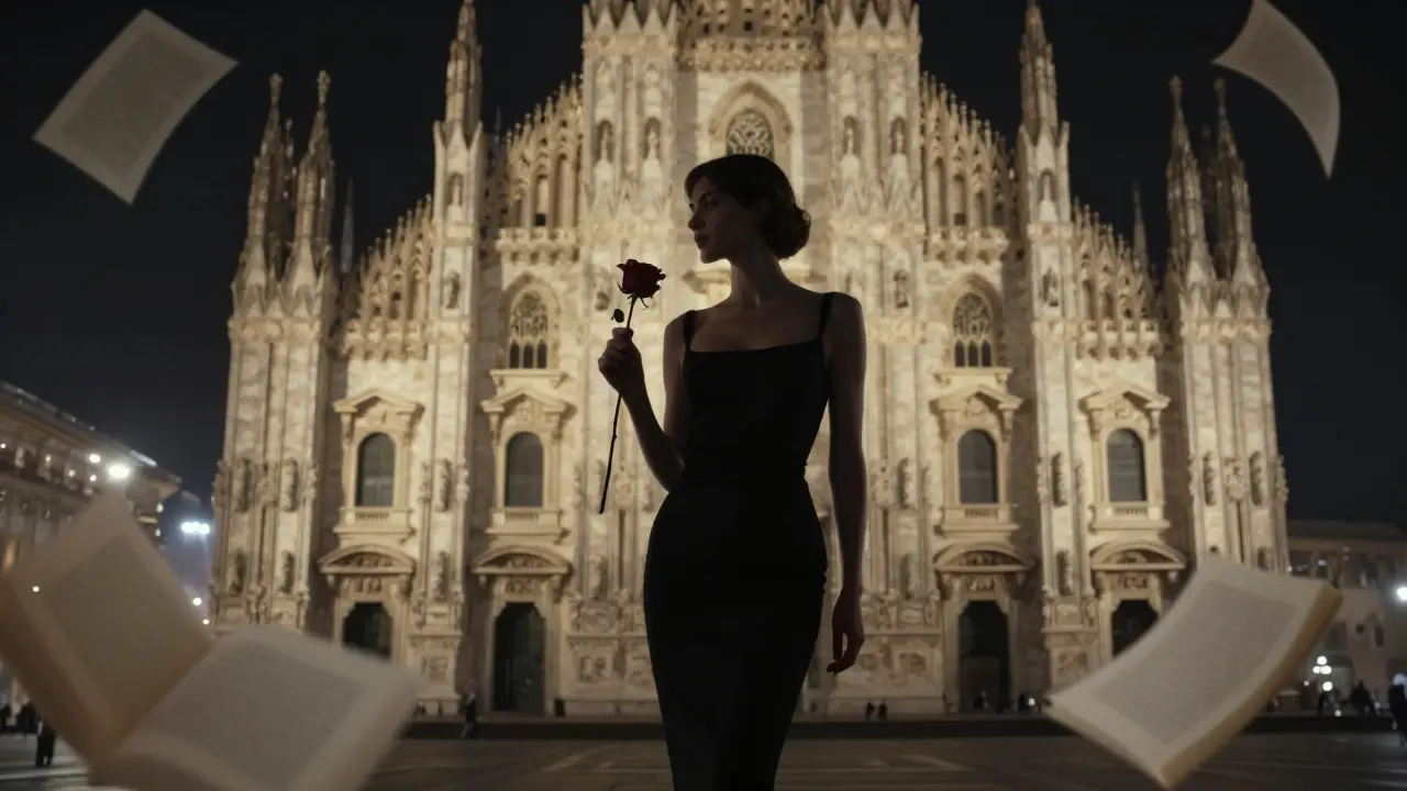 Silhouetted woman before the illuminated Duomo, holding a rose, symbolizing quiet elegance and connection.