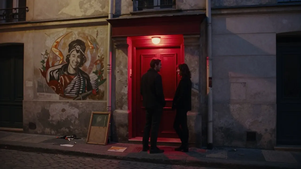 Silhouettes pausing outside a hidden Montmartre jazz club after midnight, red light spilling onto cobblestones.