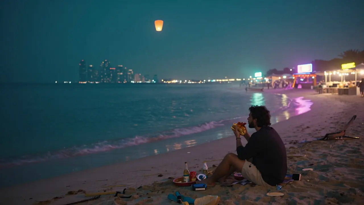 Someone eating a lobster roll on La Mer beach at midnight with glowing city reflections on the water.