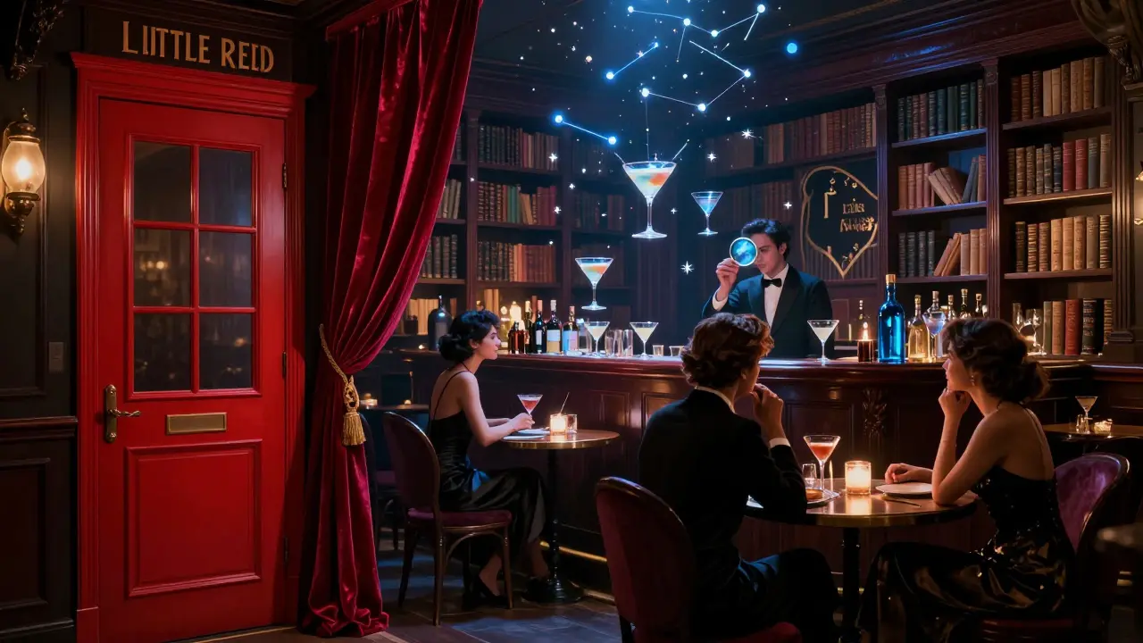 Surreal hidden bar with floating cocktails and glowing books in a moody library setting.