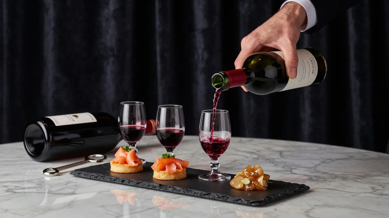 Three small wine glasses paired with gourmet bites during a refined tasting at a luxury hotel wine bar.