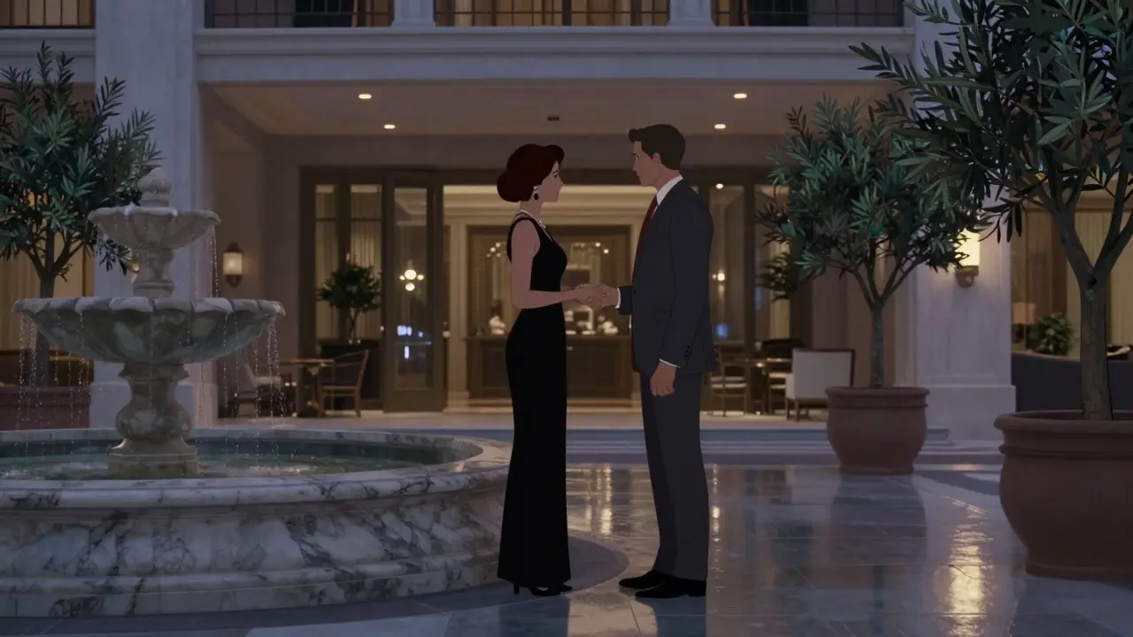 Two figures meet discreetly in a luxury hotel lobby, exchanging a silent greeting at dusk.