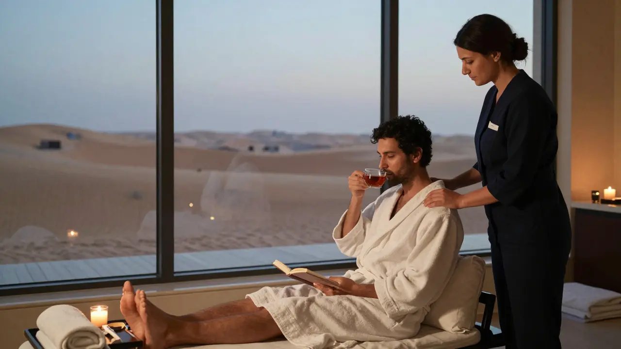 Two individuals relax peacefully in a luxury spa suite, sharing quiet companionship at dusk.