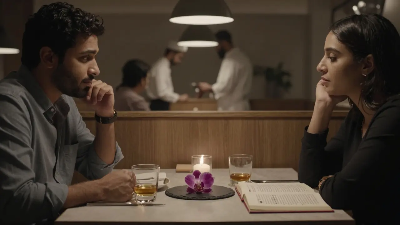 Two individuals share an intimate dinner in a secluded restaurant booth, with candlelight and fine dining details.