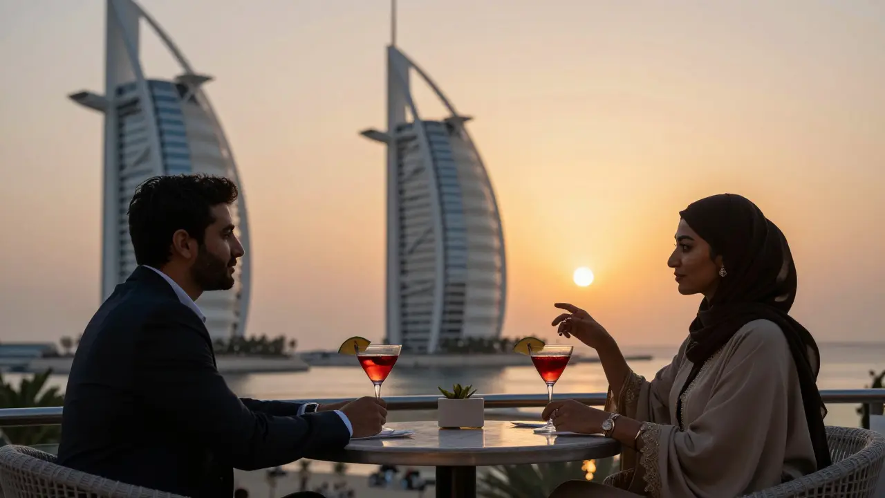 Two people converse quietly at a rooftop bar in Dubai, silhouetted against a golden sunset.